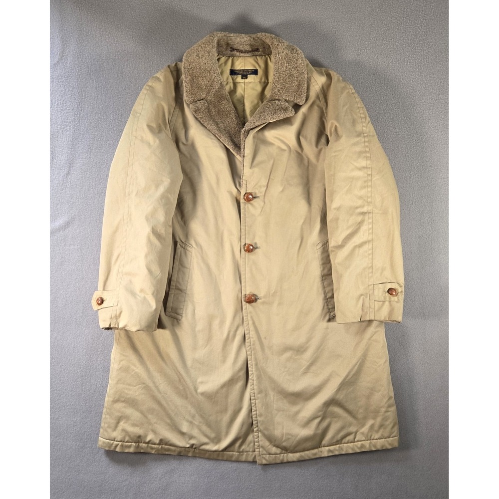 Vintage Brooks Brothers Jacket Mens 44L Khaki Overcoat Down Insulated Faux Fur